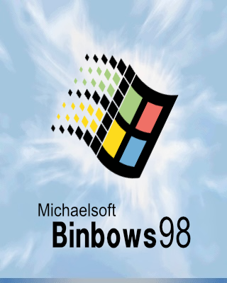 The Binbows 98 boot splash: the Michaelsoft Binbows waving flag logo on a pale blue cloud background, with a colour bar along the bottom